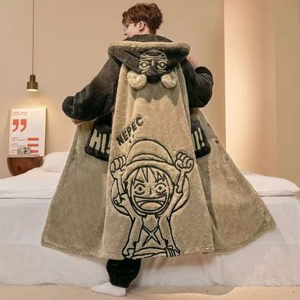 Men's Anime Themed Winter Coral Fleece Thickened Fluffy Plus-Size Long Hooded Pajama Set