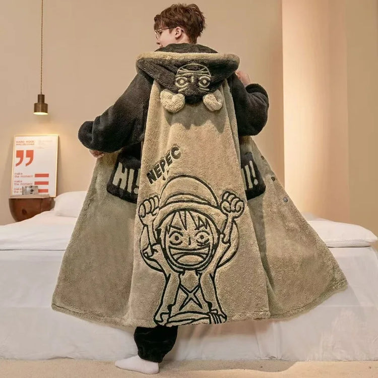 Men's Anime Themed Winter Coral Fleece Thickened Fluffy Plus-Size Long Hooded Pajama Set