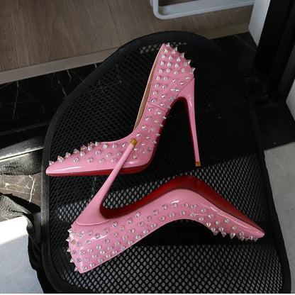 2025 new rivet high heels for women, 12CM pointed shallow mouth single shoes, socialite banquet shoes