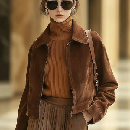 Autumn and winter short suede jacket women's vintage leather down lapel slim jacket jacket women's