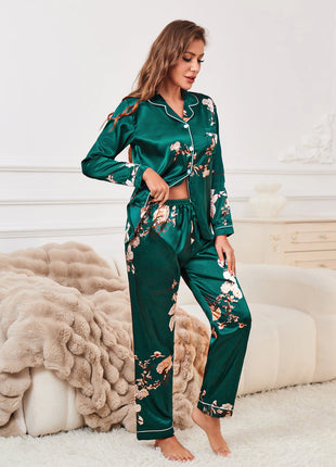 Set pigiama in raso con bordature a contrasto con stampa floreale, pigiama da donna e pigiama con bottoni e pantaloni con risvolto