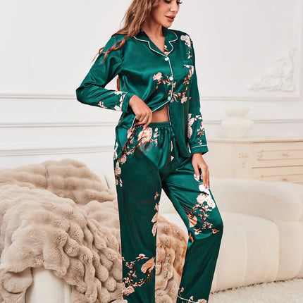 Set pigiama in raso con bordature a contrasto con stampa floreale, pigiama da donna e pigiama con bottoni e pantaloni con risvolto