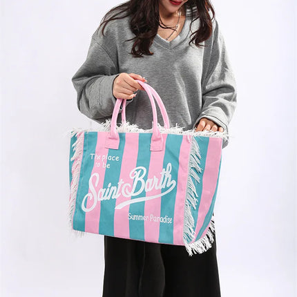 Borsa tote a righe da donna con colori contrastanti Borsa a tracolla con lettere alla moda Borsa da pendolarismo per ascelle di grande capacità