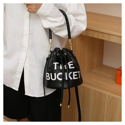 Spring New Fashion Letter PU Leather Bucket Bag Women Simple City Style Shoulder Handbag Trendy Crossbody Satchel Handbag PlatiNum