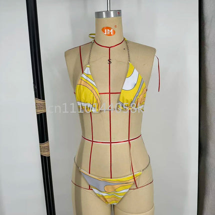 Set Bikini Giallo di Lusso per Donna con Logo Firmato, Abiti in Rete di Marca alla Moda, Abbigliamento da Spiaggia platinumshop