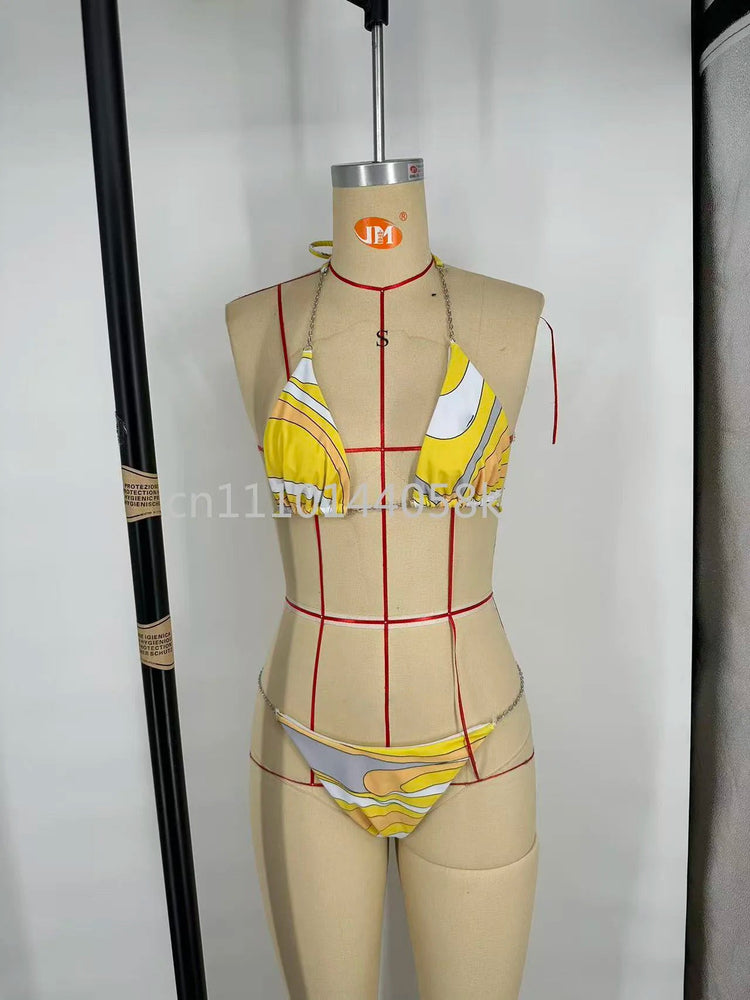 Set Bikini Giallo di Lusso per Donna con Logo Firmato, Abiti in Rete di Marca alla Moda, Abbigliamento da Spiaggia platinumshop