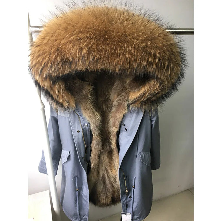 Maomaokong Natural Fur Lining Real Fur Coat Winter Jacket Women Raccoon Fur Collar Warm Thick Parkas Female Clothing