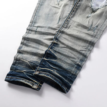 Men Pale Light Blue Biker Jeans Cracked Pleated Patch Patchwork Stretch Denim Pants Streetwear Holes Ripped Skinny Trousers PlatiNum