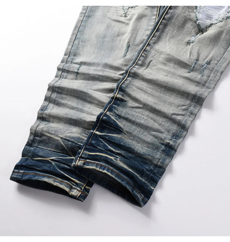 Men Pale Light Blue Biker Jeans Cracked Pleated Patch Patchwork Stretch Denim Pants Streetwear Holes Ripped Skinny Trousers PlatiNum