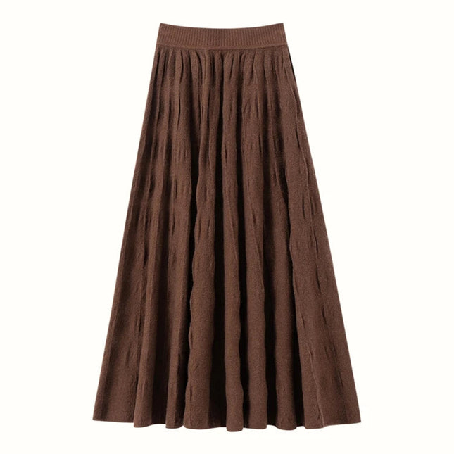 Women Cashmere Skirt A-Line Jacquard Elastic Waist Flared Skirt Autumn Winter 100% Cashmere Knitted Office Lady Curled Hem Dress PlatiNum