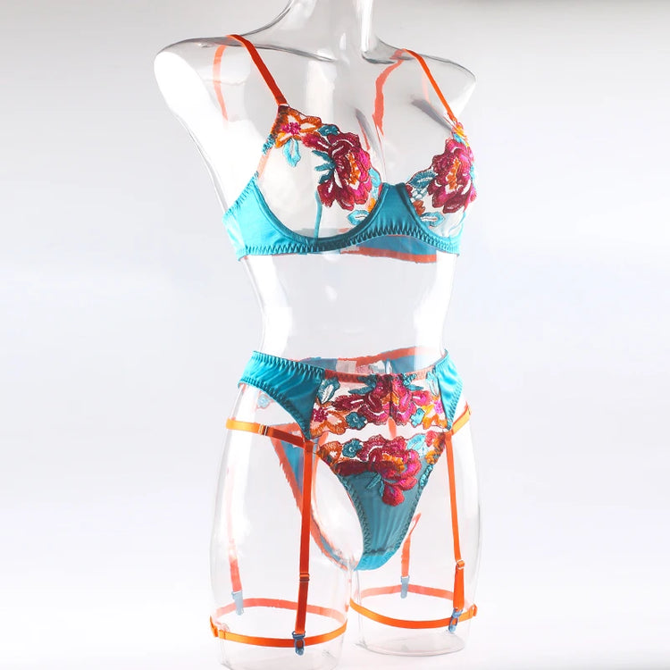 Luxury Embroidery Lingerie Three Piece Sets Sexy Mesh Patchwork See Through Bras And Panties Garter Erotic Intimate Outfits