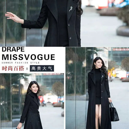 New Women's Spring Autumn Winter Woolen Coat Slim  Long Over The Knee Lining Woolen Windbreaker Outerwear Match Belt Female