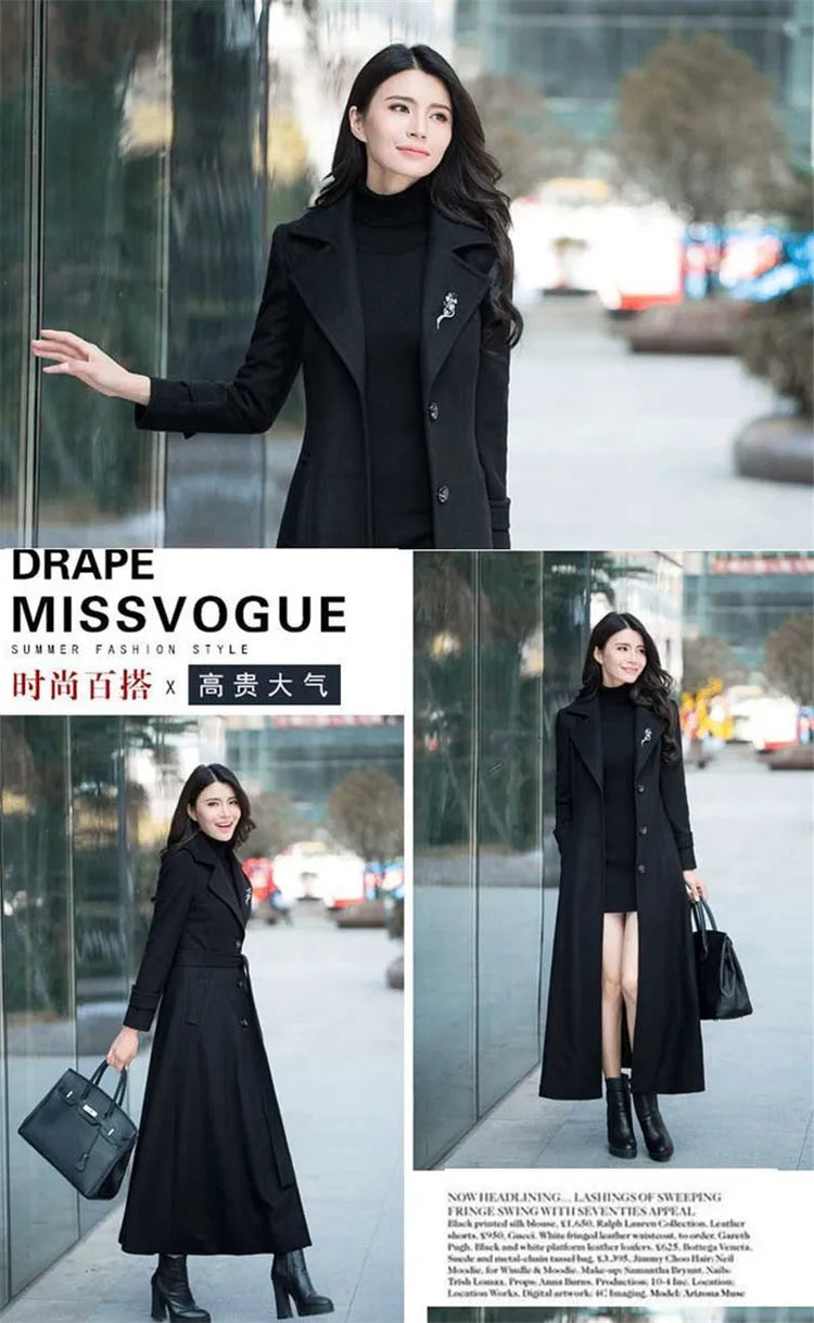 New Women's Spring Autumn Winter Woolen Coat Slim  Long Over The Knee Lining Woolen Windbreaker Outerwear Match Belt Female