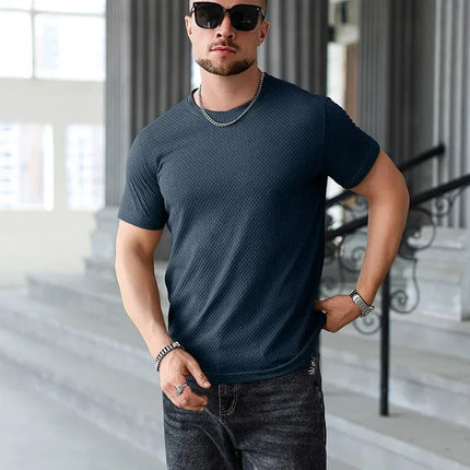 2025 New Men's Casual Short Sleeved Bone Flower Solid Color O-neck T-shirt Fashion Breathable Comfortable Summer Versatile Top PlatiNum