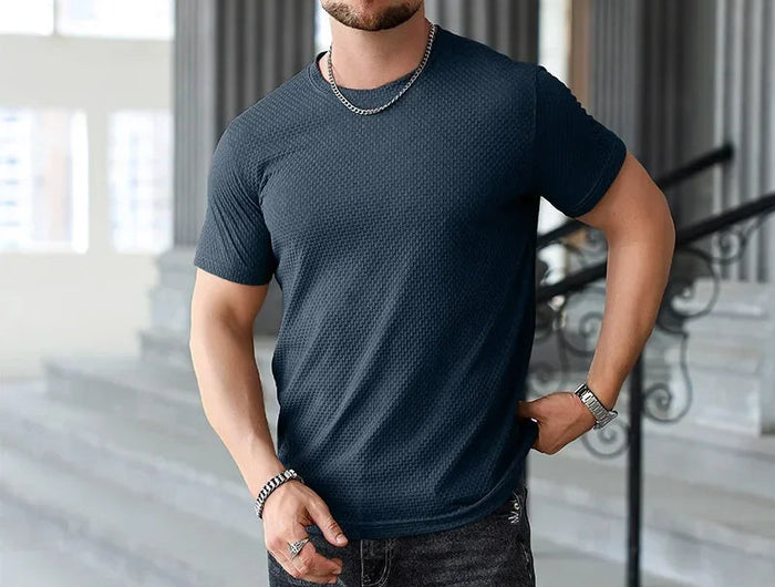 2025 New Men's Casual Short Sleeved Bone Flower Solid Color O-neck T-shirt Fashion Breathable Comfortable Summer Versatile Top PlatiNum