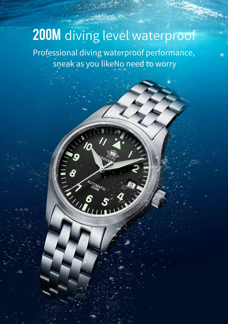 ADDIESDIVE Classic Men's watch Sapphire Automatic 8215 Stainless Steel Pilot watch Leather Luminous 200m Diving Dress Watch New