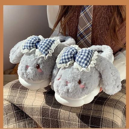 2026 New Women's Cotton Bow Bunny Slippers Winter Indoor Home Warm Household Wool Cotton Shoes Women Wear Indoor Winte