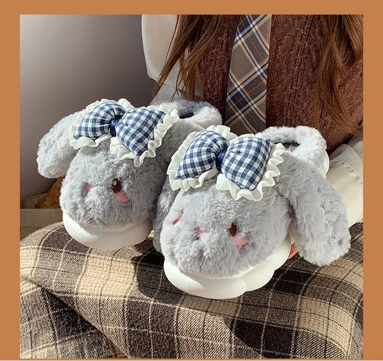 2026 New Women's Cotton Bow Bunny Slippers Winter Indoor Home Warm Household Wool Cotton Shoes Women Wear Indoor Winte