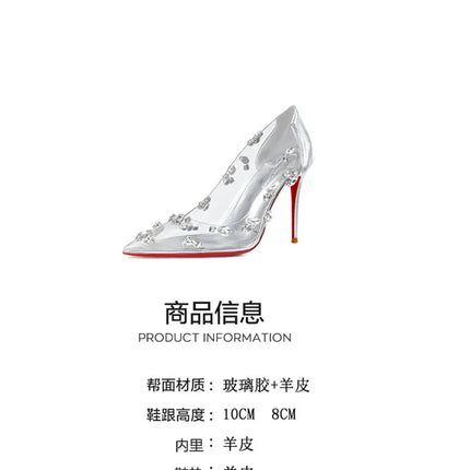 Red sole transparent pointed head sexy female stiletto high heels wedding shoes silver rhinestone crystal fairy style new 2024 PlatiNum