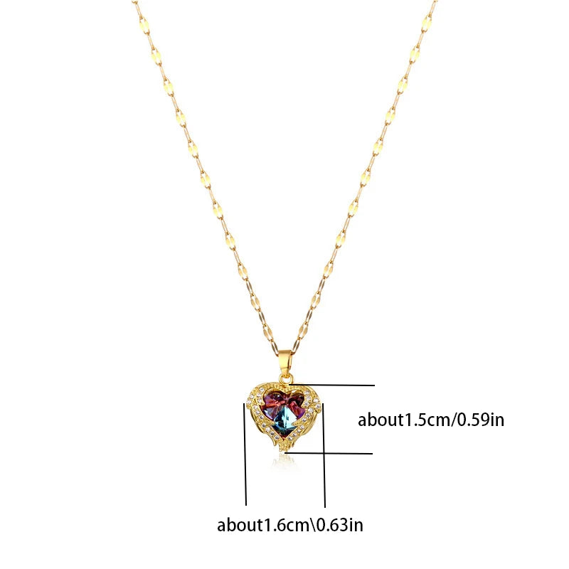Collana con ciondolo a forma di cuore in cristallo colorato di lusso superiore per le donne Gioielli alla moda in acciaio inossidabile 316L Catena da collo da sposa femminile