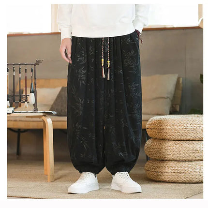 Pantaloni di alta qualità per uomo stile cinese fiore scuro velluto a coste Bloomers casual elastico in vita moda pantaloni larghi a gamba larga maschile