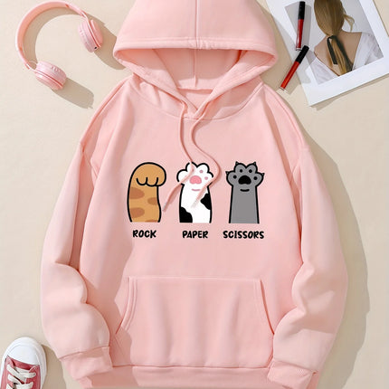 Three cat paw pattern printed hoodie, drawstring casual hooded sweatshirt, suitable for winter and autumn, women's clothing