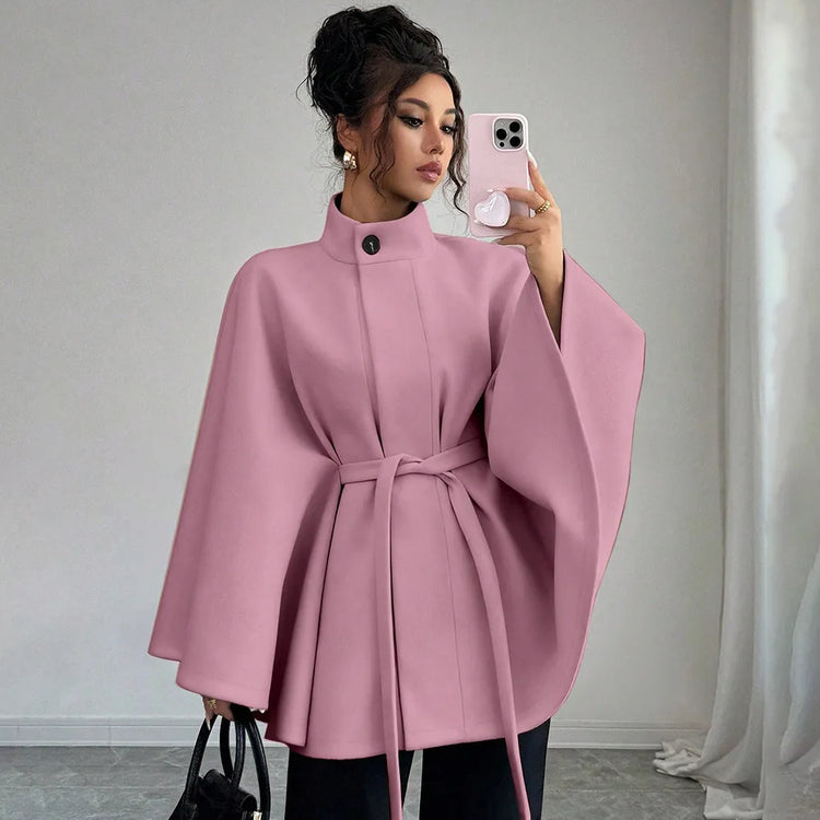 Elegant Stand Collar Tie Waist Cape Design Wool Coat, Coats for Women Spring Summer Outerwear with Chic Overcoat Style