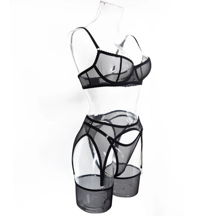 Krasapt Sexy Mesh See Through Lingerie 4 Piece Sets Woman Sheer Push Up Bras And Panties Garter Suits Erotic Intimate Outfits