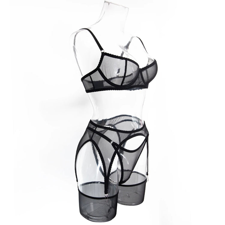 Krasapt Sexy Mesh See Through Lingerie 4 Piece Sets Woman Sheer Push Up Bras And Panties Garter Suits Erotic Intimate Outfits