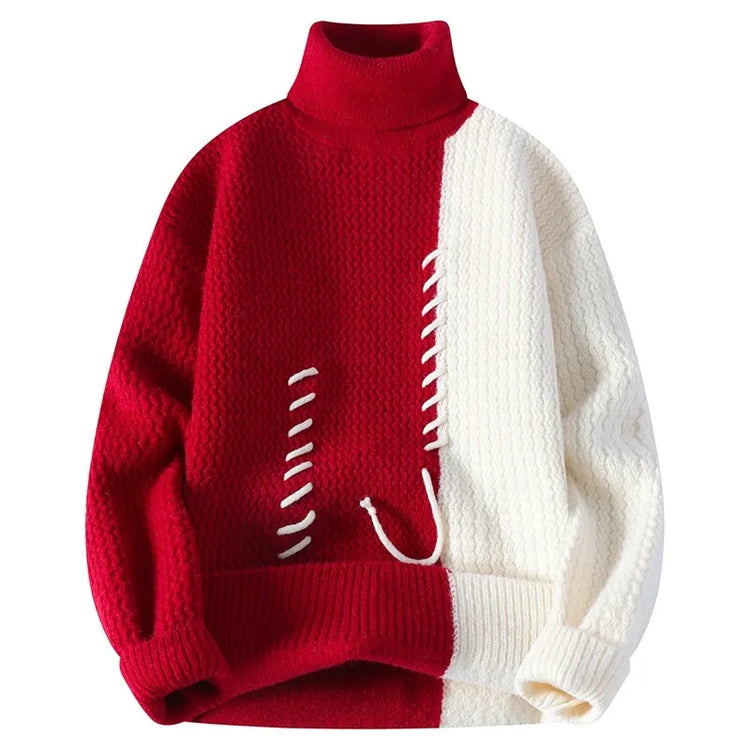 Autumn Winter Men's Knitted Turtleneck Sweater Fashion Patchwork Casual Knit Pullovers Men Loose Warm Pull Sweaters Streetwear