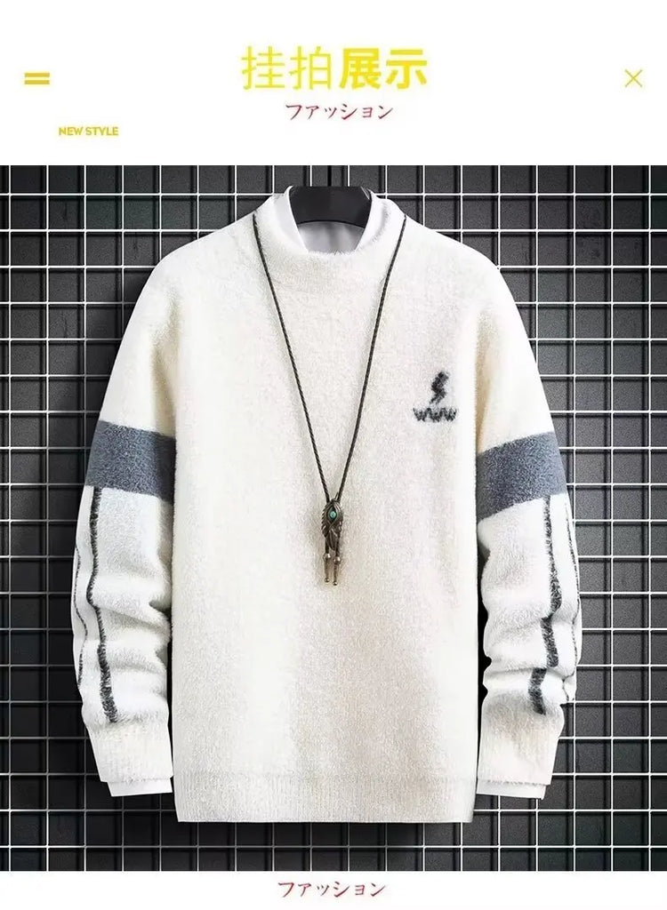 Men Winter Warm Black Sweater Pullovers Autumn High Quality Men's Rock Hip Hop Plush O Neck Top Men's Cloting New 2024