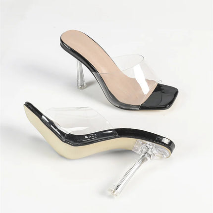 Hlieny Sexy Women's Clear Crystal Slippers PVC Silver 2026 Square Toe Thin High Heel Summer Sandals Women's Shoes