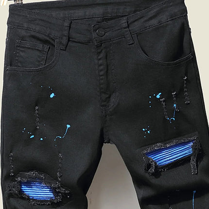Men's Jeans Cool Ripped Skinny Trousers Stretch Slim Denim Pants Patchwork Hip Hop Black Blue Casual Jogging Jeans for Men PlatiNum