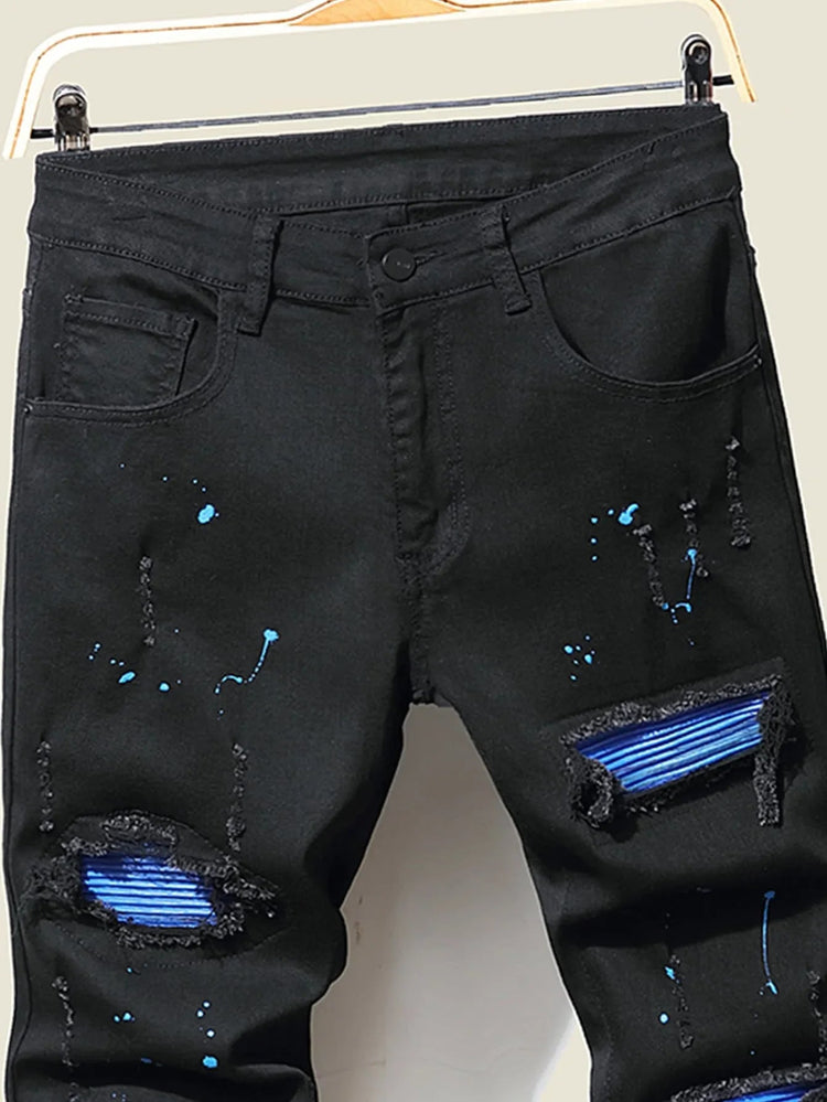 Men's Jeans Cool Ripped Skinny Trousers Stretch Slim Denim Pants Patchwork Hip Hop Black Blue Casual Jogging Jeans for Men PlatiNum