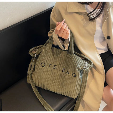 Large Capacity Striped Velvet Handbag Shoulder Bag for Woman Handbags Crossbody Bags, Versatile Letter Corduroy Women's Tote Bag PlatiNum