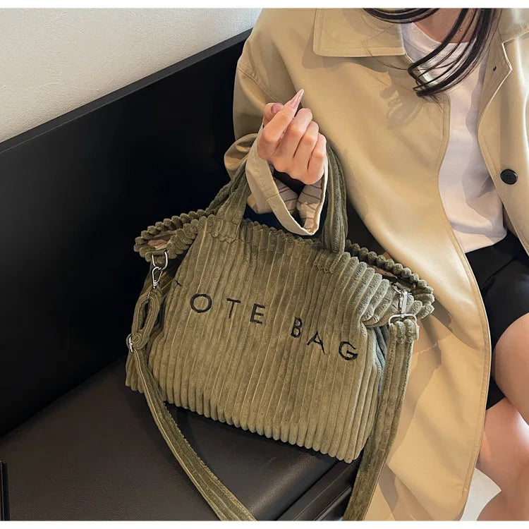 Large Capacity Striped Velvet Handbag Shoulder Bag for Woman Handbags Crossbody Bags, Versatile Letter Corduroy Women's Tote Bag PlatiNum