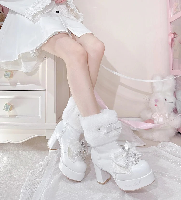 Original Japanese Sweet Cute Style Versatile Bow High Heel Boots Autumn Winter Mass-Produced Rhinestones Fur Short Boots