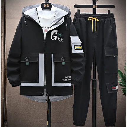 Casual Two-Piece Men's Sets 2026 Spring Autumn Loose Coats & Pant Tracksuits Outdoor Windproof Hooded Jacket And Jogger Clothing