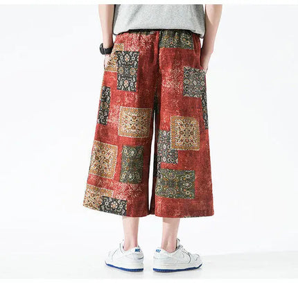 Pantaloncini da uomo estivi Stampa Pantaloni da spiaggia traspiranti a gamba larga Pantaloni larghi casual alla moda Vita elastica Comodi pantaloni al polpaccio da uomo