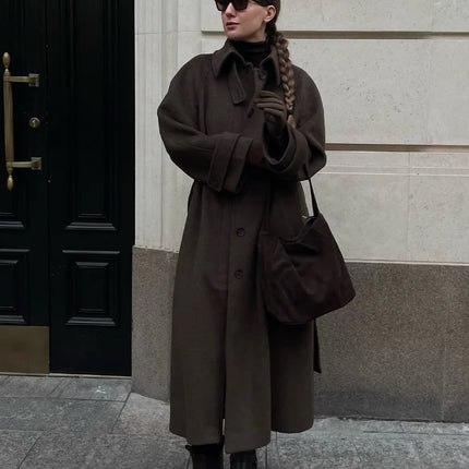 Women's Long Woolen Overcoats Stand Collar Single Breasted Lace Up Oversized Coat Autumn Winter Female Loose New Chic Outerwears