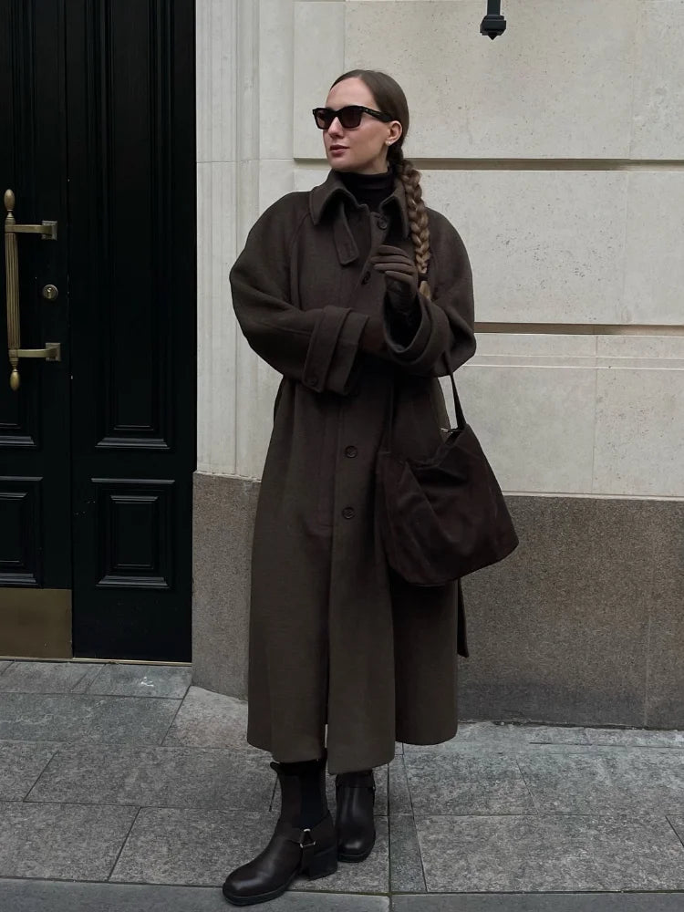 Women's Long Woolen Overcoats Stand Collar Single Breasted Lace Up Oversized Coat Autumn Winter Female Loose New Chic Outerwears