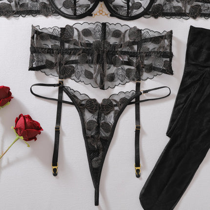 Premium Women's Lingerie Sets Sexy Floral Embroidered Bra Belt Thong Stockings Tempted RingsRomantic Women's Seductive Intimates