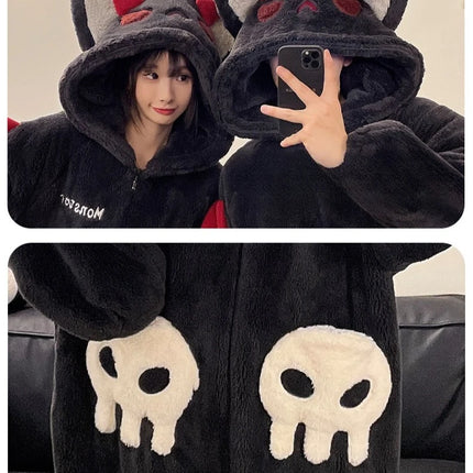 Cartoon Devil Pajamas Couples Women Men Onesie Sleepwear Winter Thicken Hooded Loungewear Coral Fleece Homewear Pijama Disfraz