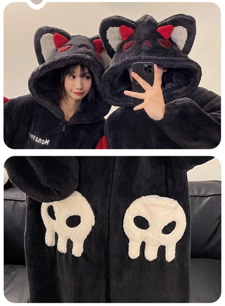 Cartoon Devil Pajamas Couples Women Men Onesie Sleepwear Winter Thicken Hooded Loungewear Coral Fleece Homewear Pijama Disfraz