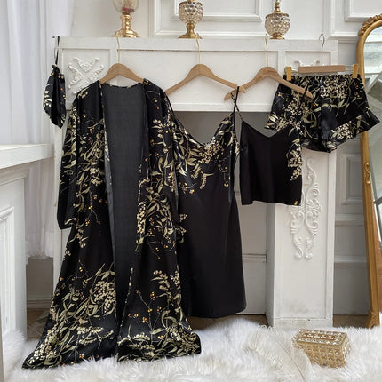 4PC Abito di seta Abito da notte Pigiama di raso di pizzo da donna Abito con scollo a V Cami Camicie da notte Indossare Pijama Home Nightwear Camicia da notte primaverile