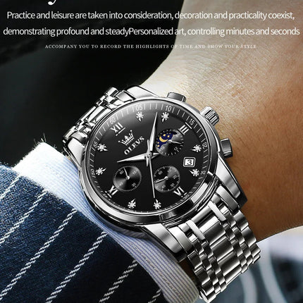 OLEVS 2858 Orologio da Uomo in Acciaio Inossidabile, Impermeabile, Antigraffio, con Fasi Lunari, Luminoso, Cronografo, Orologio da Polso al Quarzo di Lusso platinumshop