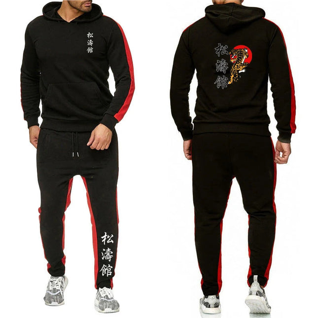 2025 Spring Autumn Shotokan Karate Print Men's Solid Color Hooded Tracksuit Pullover Hoodies+Casual Sweatpants High Street Sets PlatiNum
