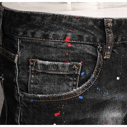 Fashion Streetwear Men Jeans Retro Black Blue Elastic Slim Fit Ripped Jeans Men Spliced Designer Embroidery Hip Hop Denim Pants PlatiNum