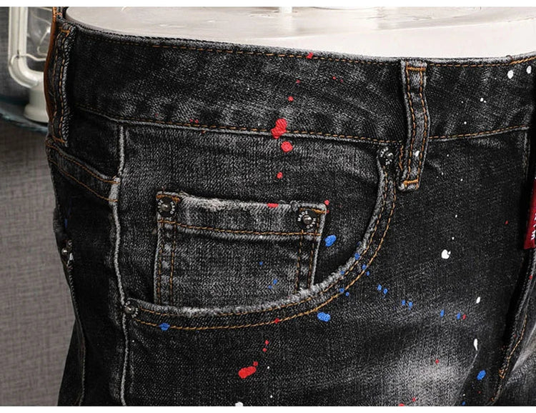 Fashion Streetwear Men Jeans Retro Black Blue Elastic Slim Fit Ripped Jeans Men Spliced Designer Embroidery Hip Hop Denim Pants PlatiNum