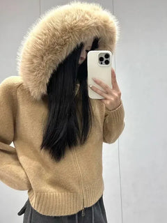 Korean Fur Collar Cardigan Jacket Women New Zipper Up Long Sleeve Knitted Cardigans Woman Chic Warm Hooded Sweater Coat Female
